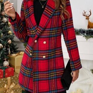 SHEIN Women's Red Plaid Double-Breasted Coat